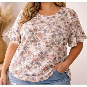 Madison + Hudson Floral Ruffle Sleeve Top Women 2X‎ Ivory NWT GK31621X